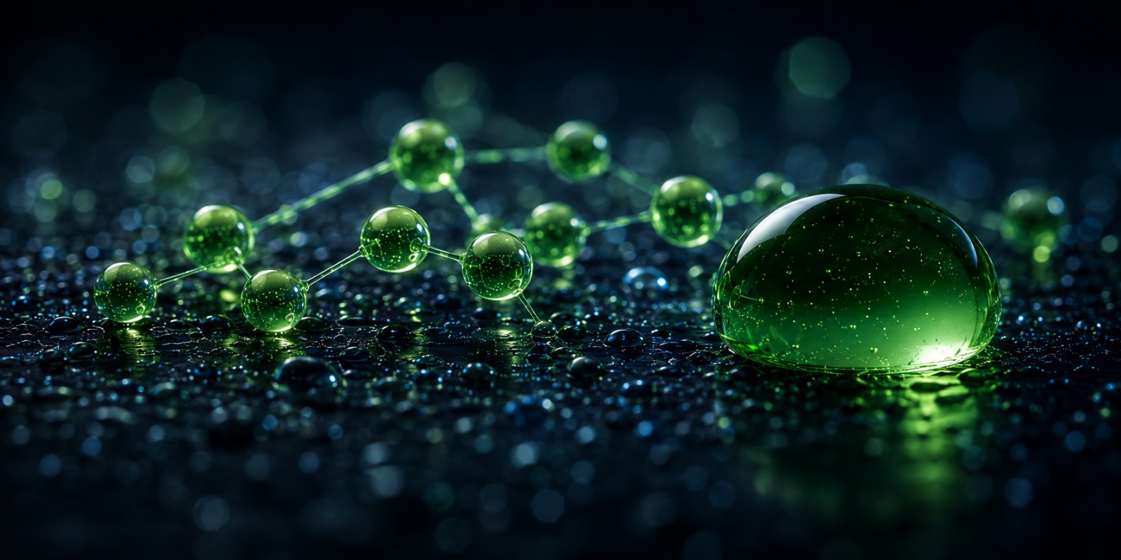 Excalibur NanoFilm nano-moleküler yapısı — yüzeyde boncuklanan yeşil nano damlacıklar